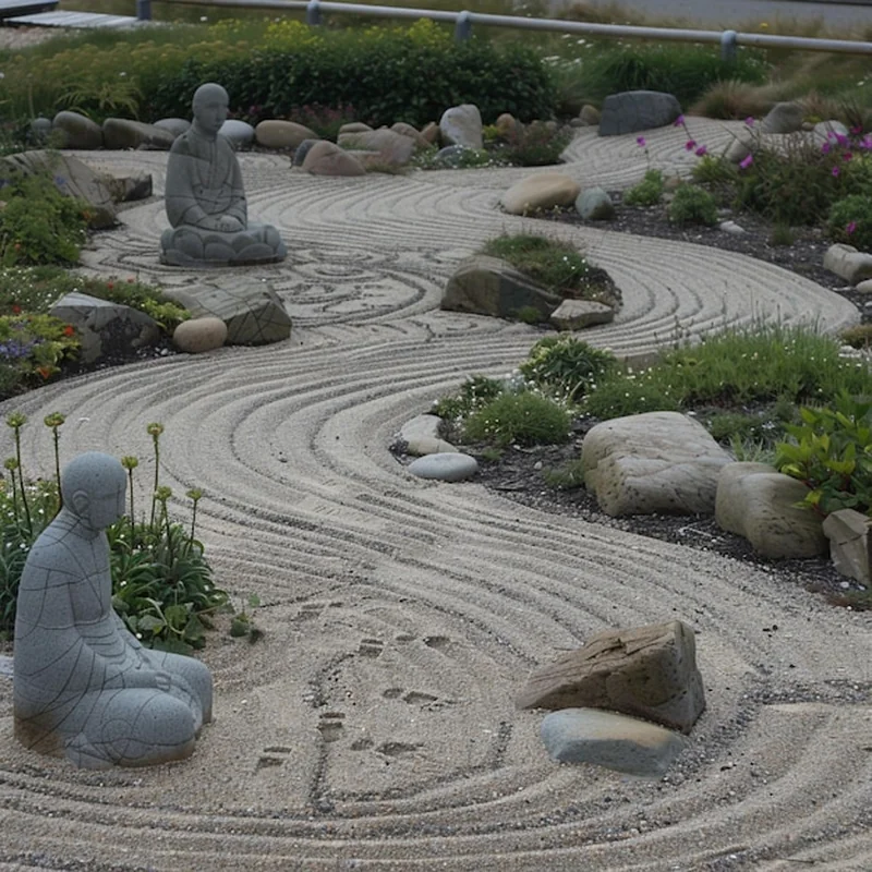 Ogród Congruity z piaskiem i kamiennymi figurami