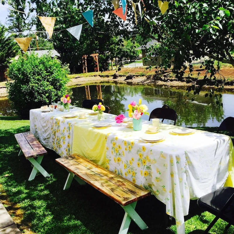 Stół jadalny przy stawie na trawniku