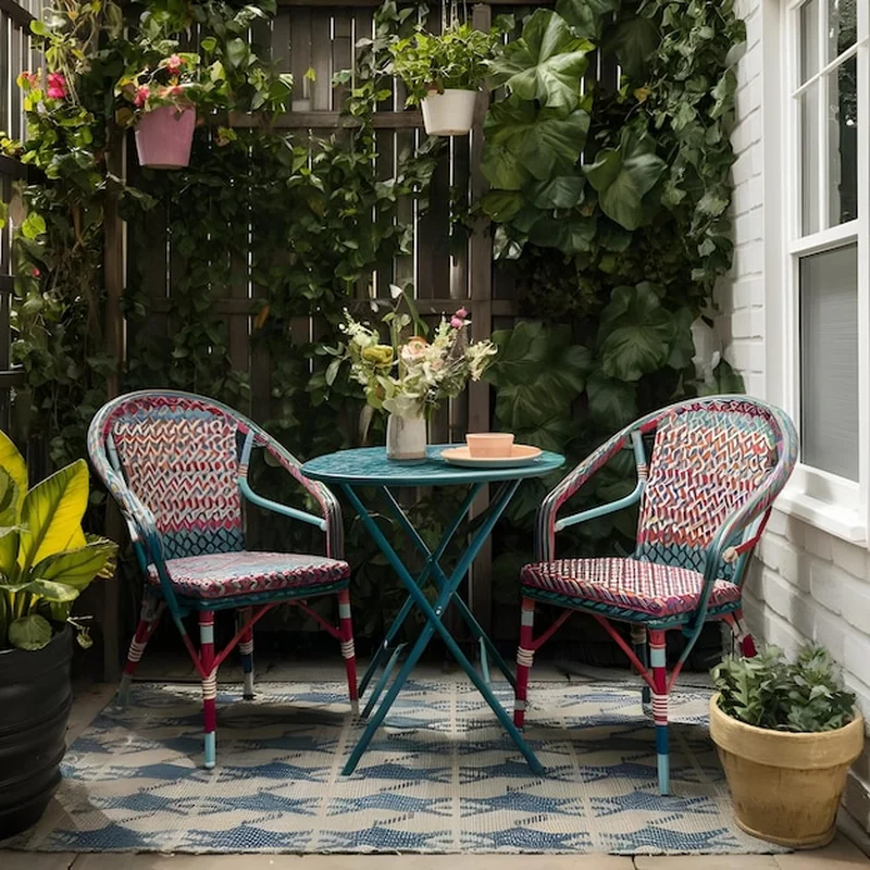 Patio z stołem, krzesłami i rośliną w garnku