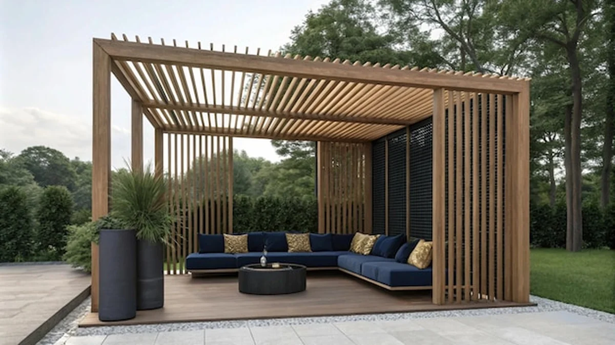 Minimalistyczna pergola z otwartą konstrukcją w nowoczesnym stylu