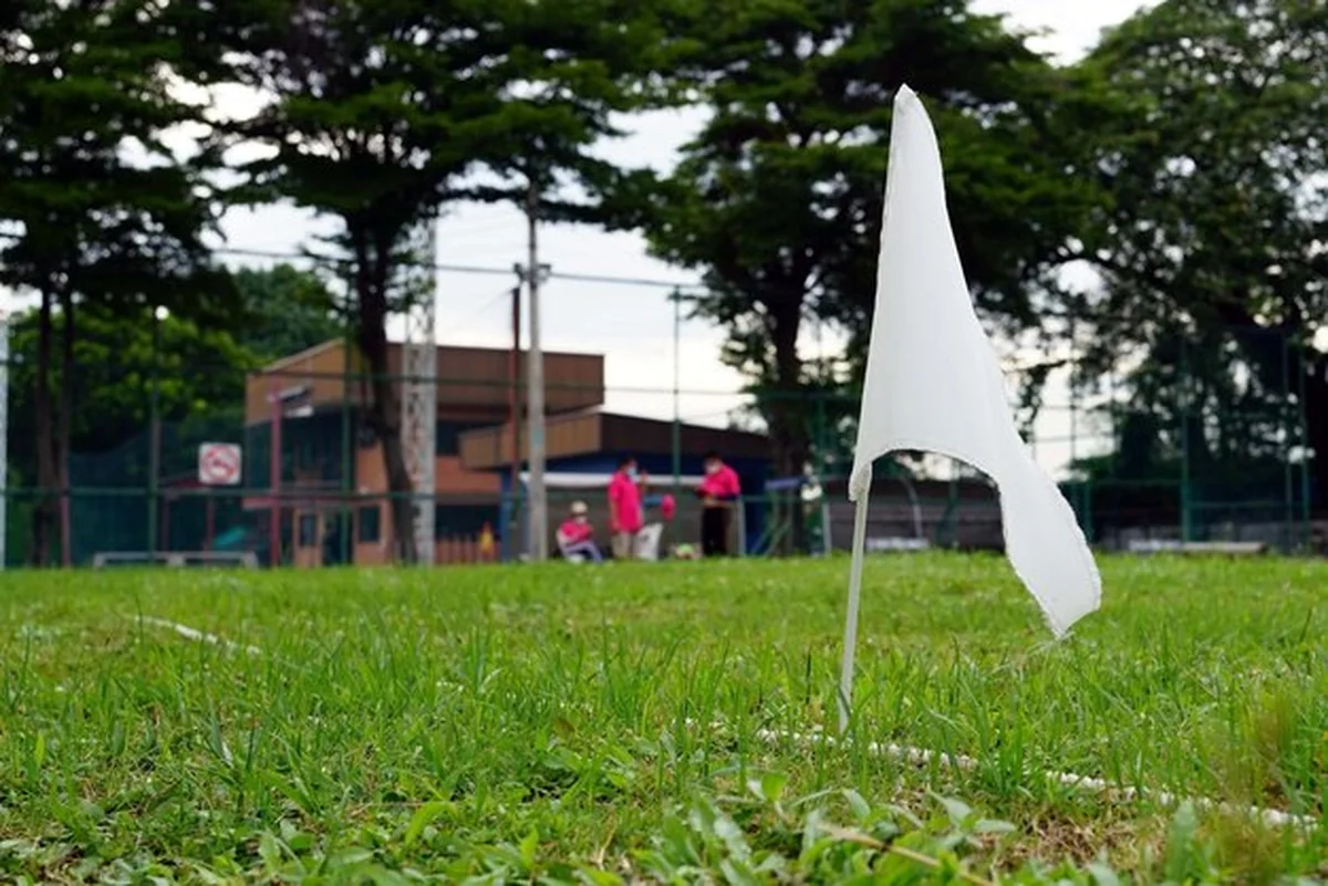 Biała lub żółta flaga na lince przy granicy trawy pola woodball z graczem