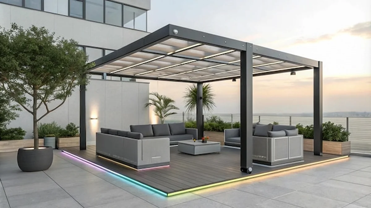 Minimalistyczna pergola z otwartą konstrukcją