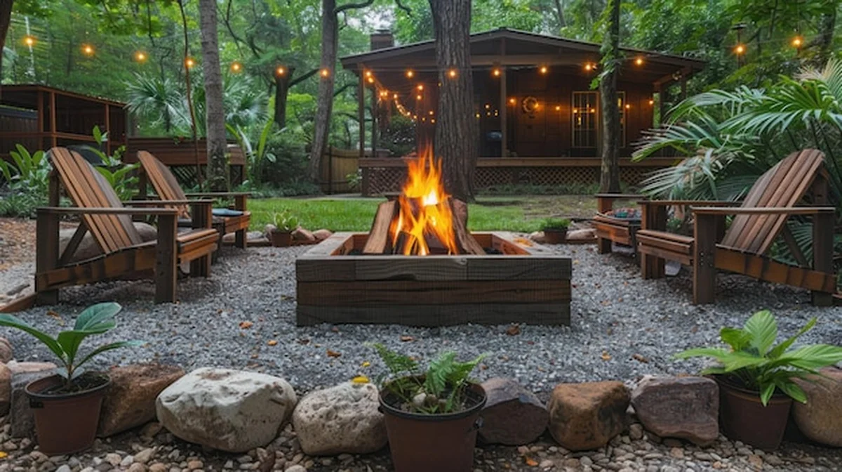 Przydomowe palenisko ze słupkami 4x4 w donicach z żarówkami Edisona