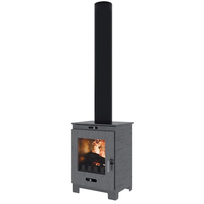 Nowoczesny piec na drewno z wysokim kominem