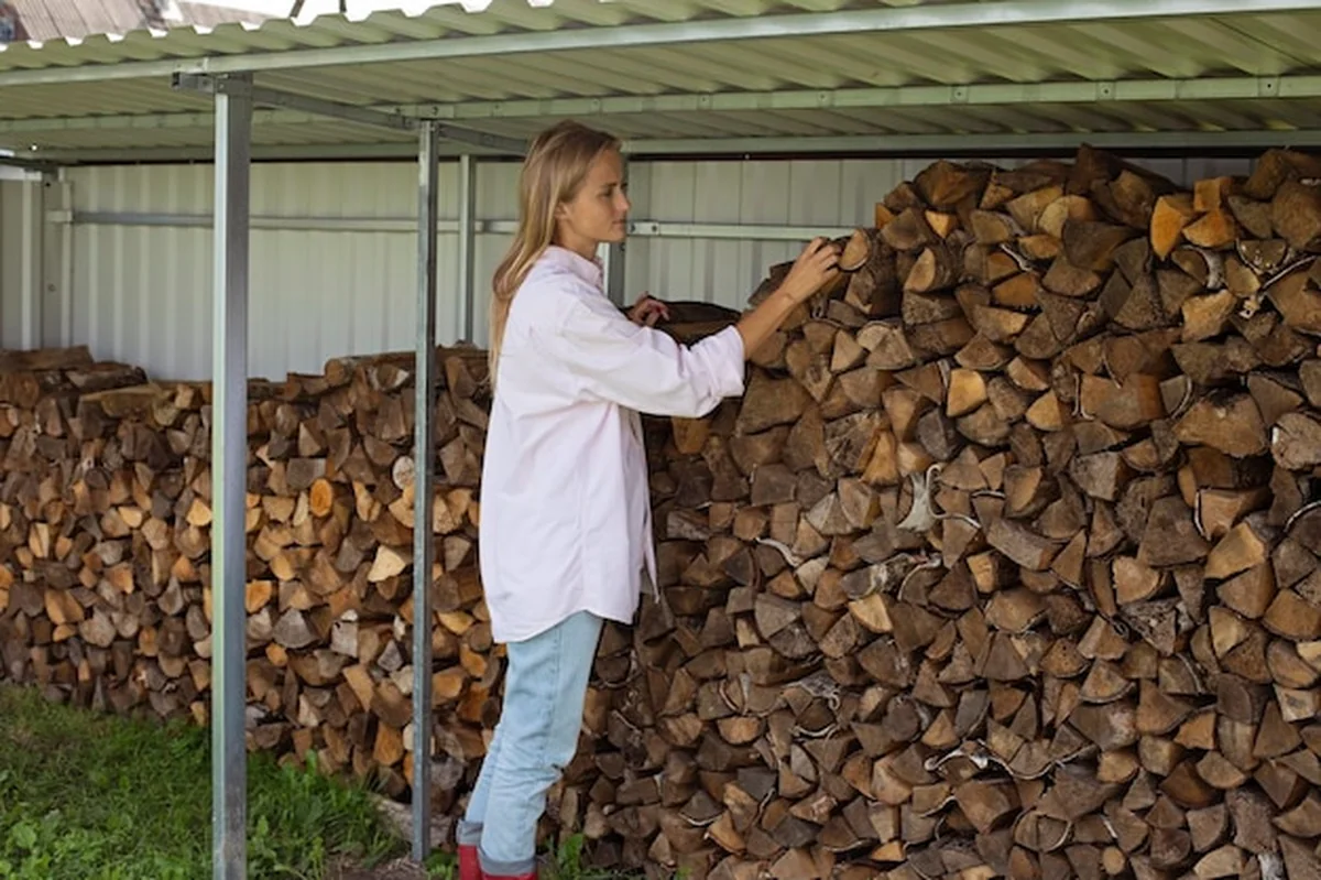 Atrakcyjna dziewczyna w wiejskim domu przygotowuje drewno opałowe