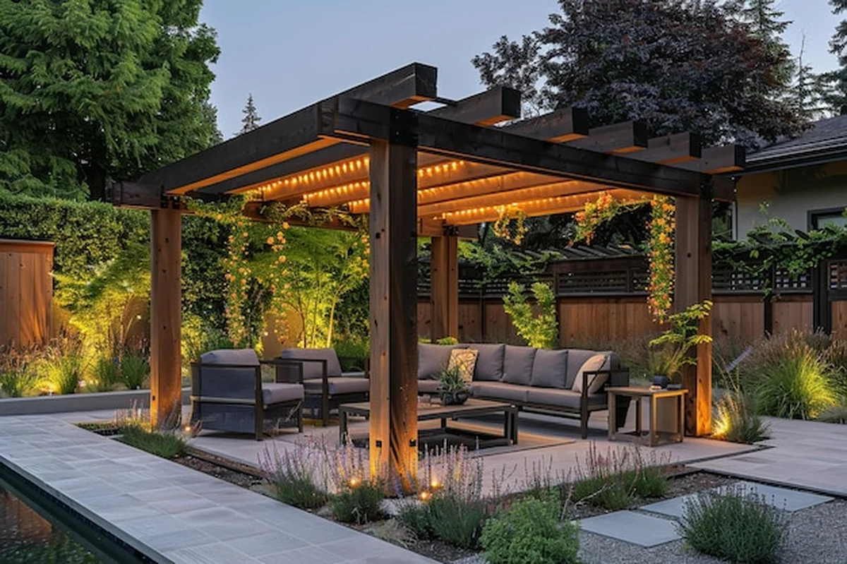 Drewniana altana z roślinami wiszącymi w ogrodzie