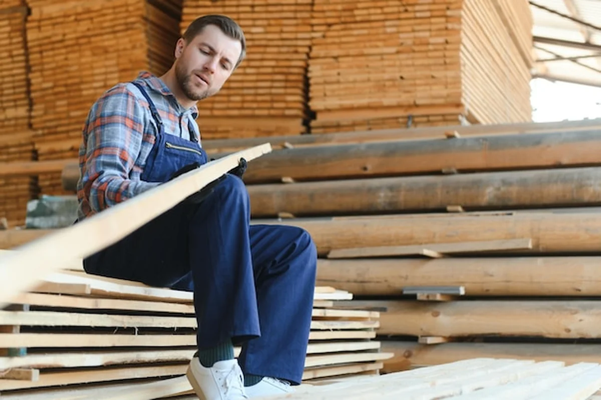 Stolarz w mundurach na tartaku